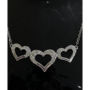 Silver Three Heart-Shaped Rhinestone Necklace